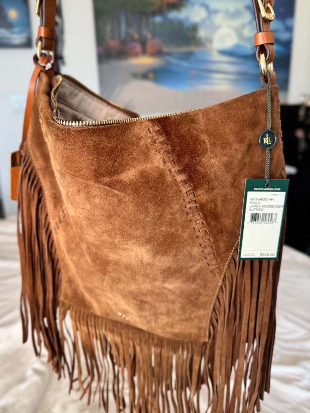 NWT Ralph Lauren Faulk Large Nutmeg Suede Fringe Messenger Bag - Picture 2 of 9